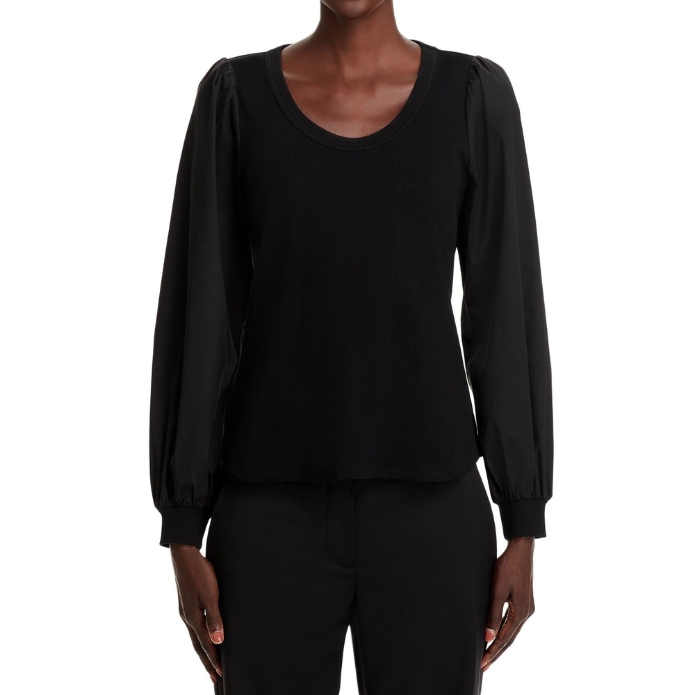 Single Thread Womens Black Mixed Media Puff Sleeve Ribbed Knit Top M‎